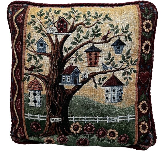Mohawk Home Tapestry Throw  Pillow Birdhouse Scene Granny Cottage Core Vtg Decor - Picture 1 of 5